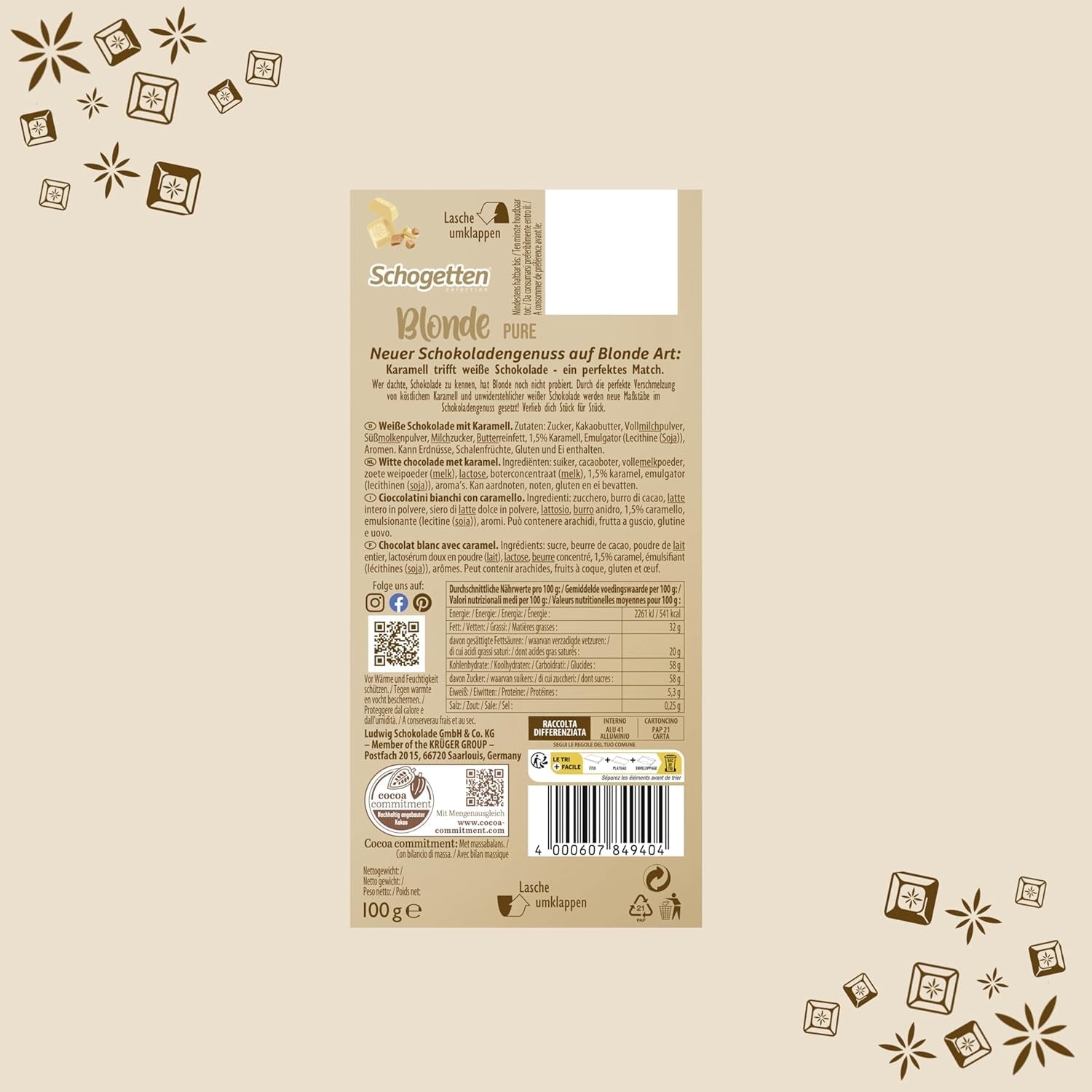 Schogetten Blonde Pure I Cioccolato bianco con caramello I 100 g I porzionato singolarmente (confezione da 2)