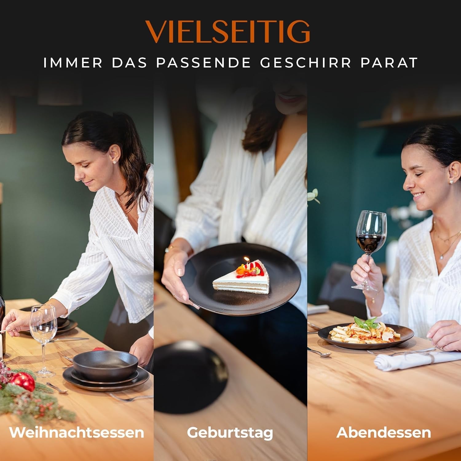 Servizio Piatti in Gres 12 Pezzi - Linea Prairie - Design Elegante nei Toni del Marrone/Nero, Set di 4 Piatti Piani, 4 Piatti Dessert e 4 Piatti Piani/Collezione Premium