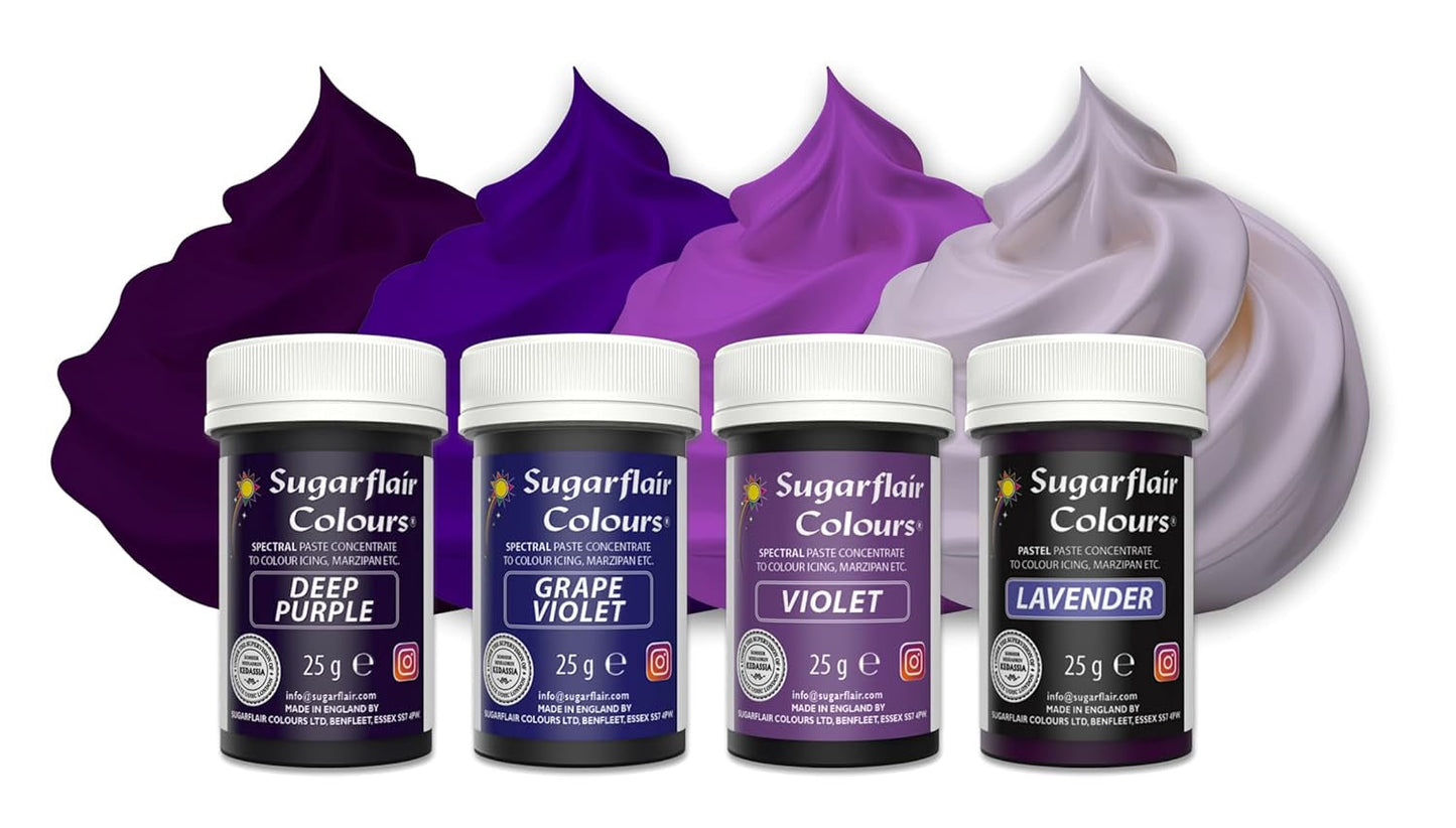 Sugarflair Pasta Coloranti Alimentari Viola Set di 4 Coloranti Alimentari per Pasta Fondente Marzapane Pasta di Zucchero Crema di Burro e Altro: Viola, Lavanda, Viola Uva, Viola Scuro - Set di 4