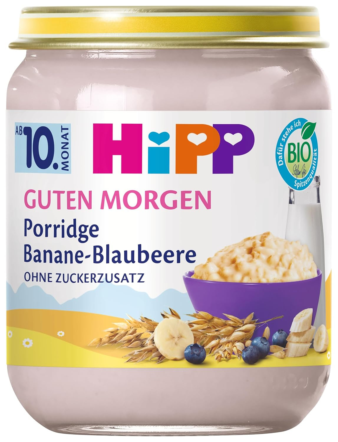 Farina d'avena biologica HiPP Good Morning con banane e mirtilli (6 x 160 g), a partire da 10 mesi, senza zuccheri aggiunti, buona calda e fredda, migliore qualità biologica