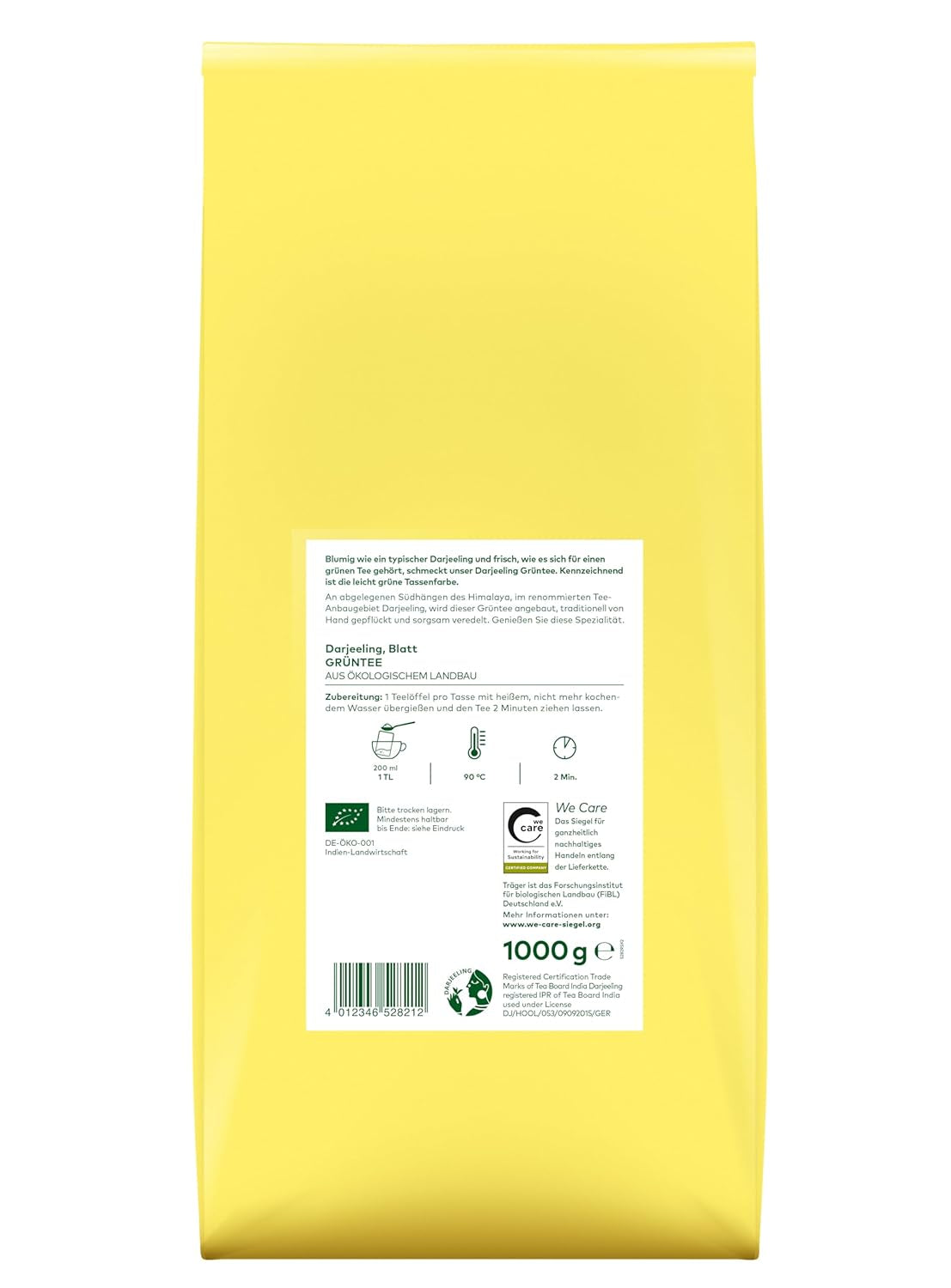 Tè verde a foglia intera Lebensbaum Darjeeling, tè biologico, tè verde al sapore di fiori freschi, colore verde chiaro, 1000g