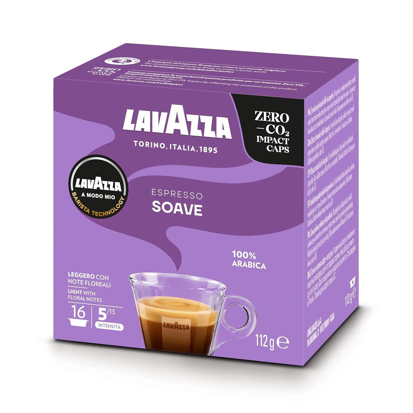 Lavazza, A Modo Mio Soave 256 Kaffeekapseln, für einen leichten und eleganten Espresso mit aromaticschen Noten von Blumen, 100% Arabica, Intensität 5/13, medium Röstung, 16 Packungen mit je 16