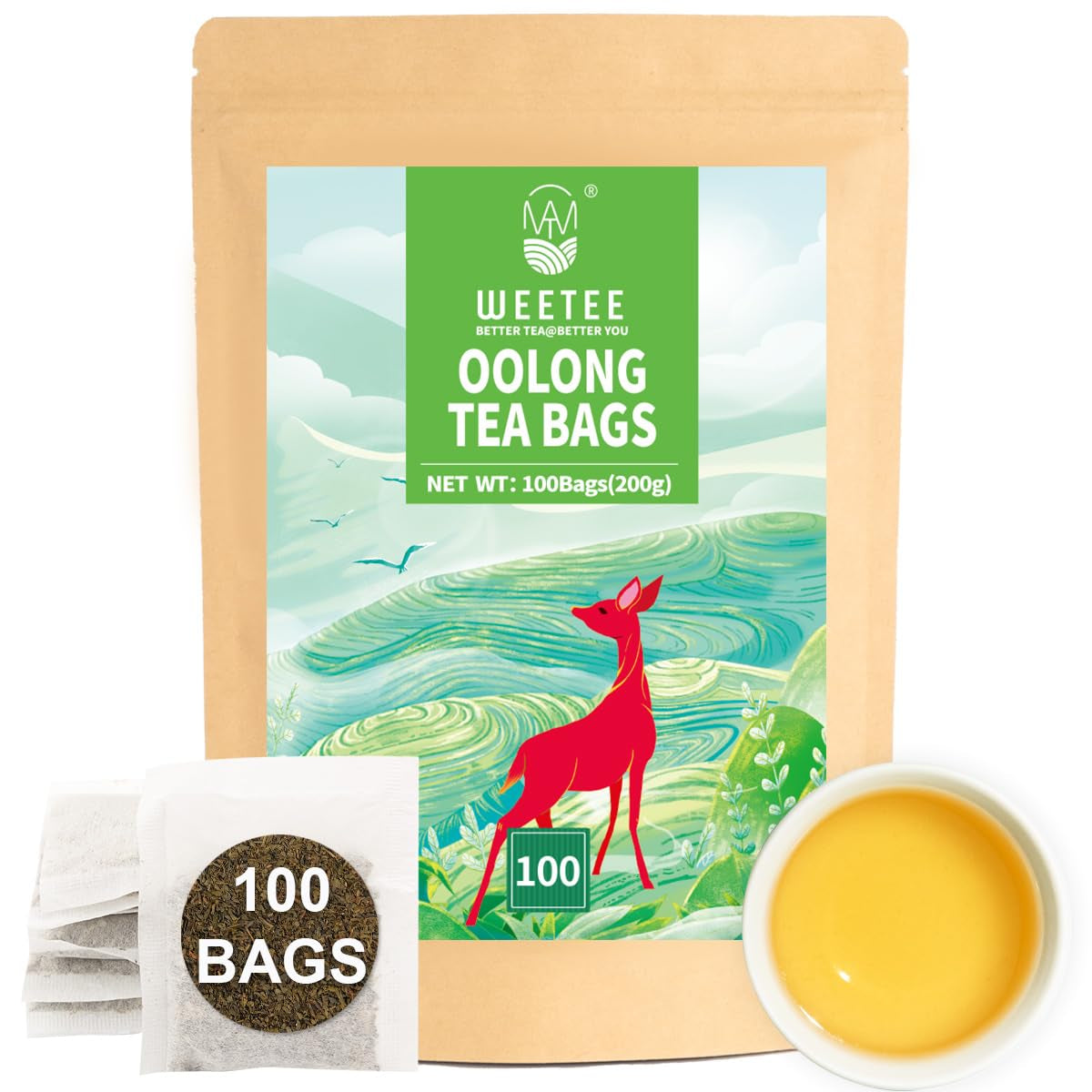 Bustine di tè verde WEETEE, bustine di tè verde da 100 pezzi, tè verde puro, super antiossidante | Bustine richiudibili | Preparazione calda o fredda