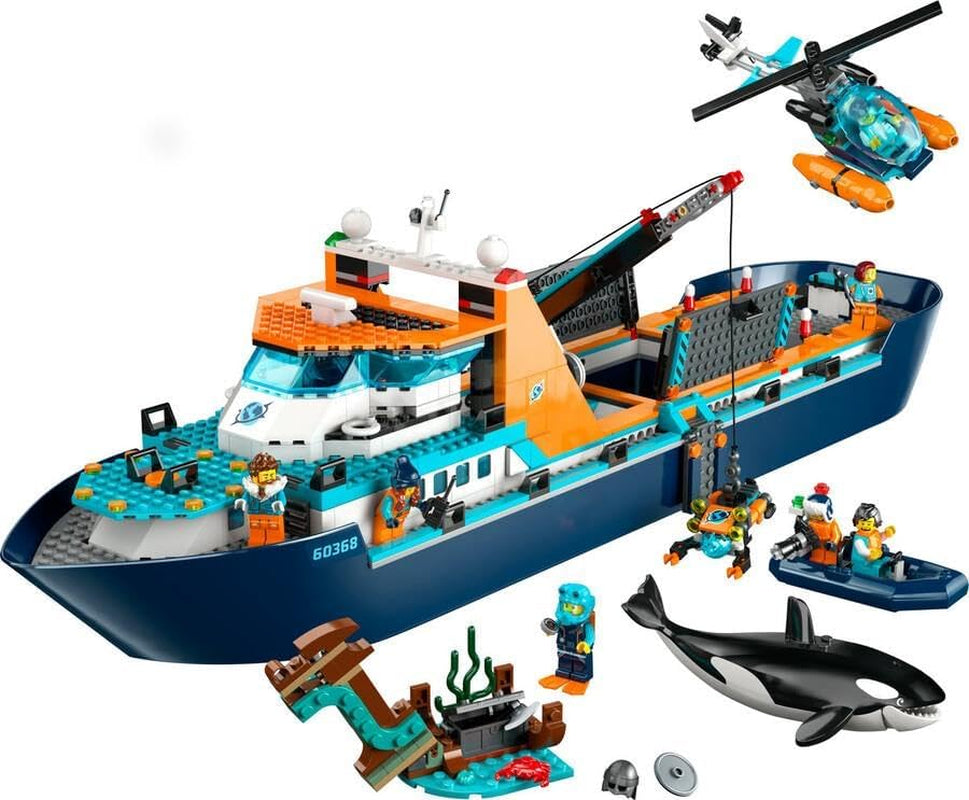 LEGO City Nave da ricerca artica, grande barca giocattolo galleggiante con elicottero, gommone, sottomarino Rov, relitto vichingo, 7 minifigure e figura dell'orca, regalo per bambini dai 7 anni in su 60368 Set da costruzione Besuche den LEGO-Store