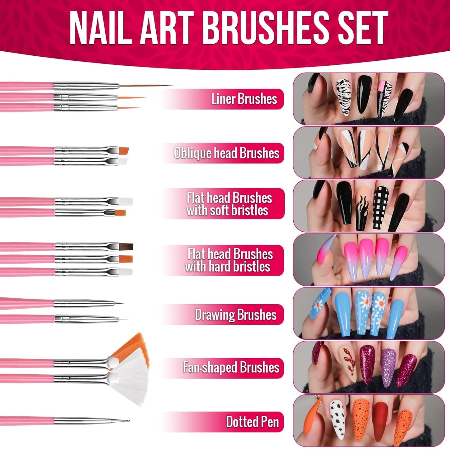 FANDAMEI Set di pennelli per nail art, 15 pezzi di pinsel per gel Nägel Nagel Pinsel, 5 pezzi di penna a pois, 10 rotoli di nastro adesivo, strasssteine ​​​​Nägel, ultra dünn Nagel Paillettes per nail art Maniküre Set