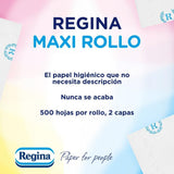 Regina Maxi Roll - 4 rotoli di carta igienica, 500 fogli 2 veli per rotolo, più di tre volte un rotolo standard, imballaggio in plastica riciclata al 60%, carta certificata Fsc al 100%