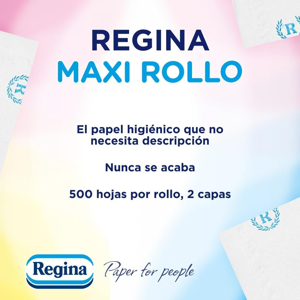Regina Maxi Roll - 4 rotoli di carta igienica, 500 fogli 2 veli per rotolo, più di tre volte un rotolo standard, imballaggio in plastica riciclata al 60%, carta certificata Fsc al 100%