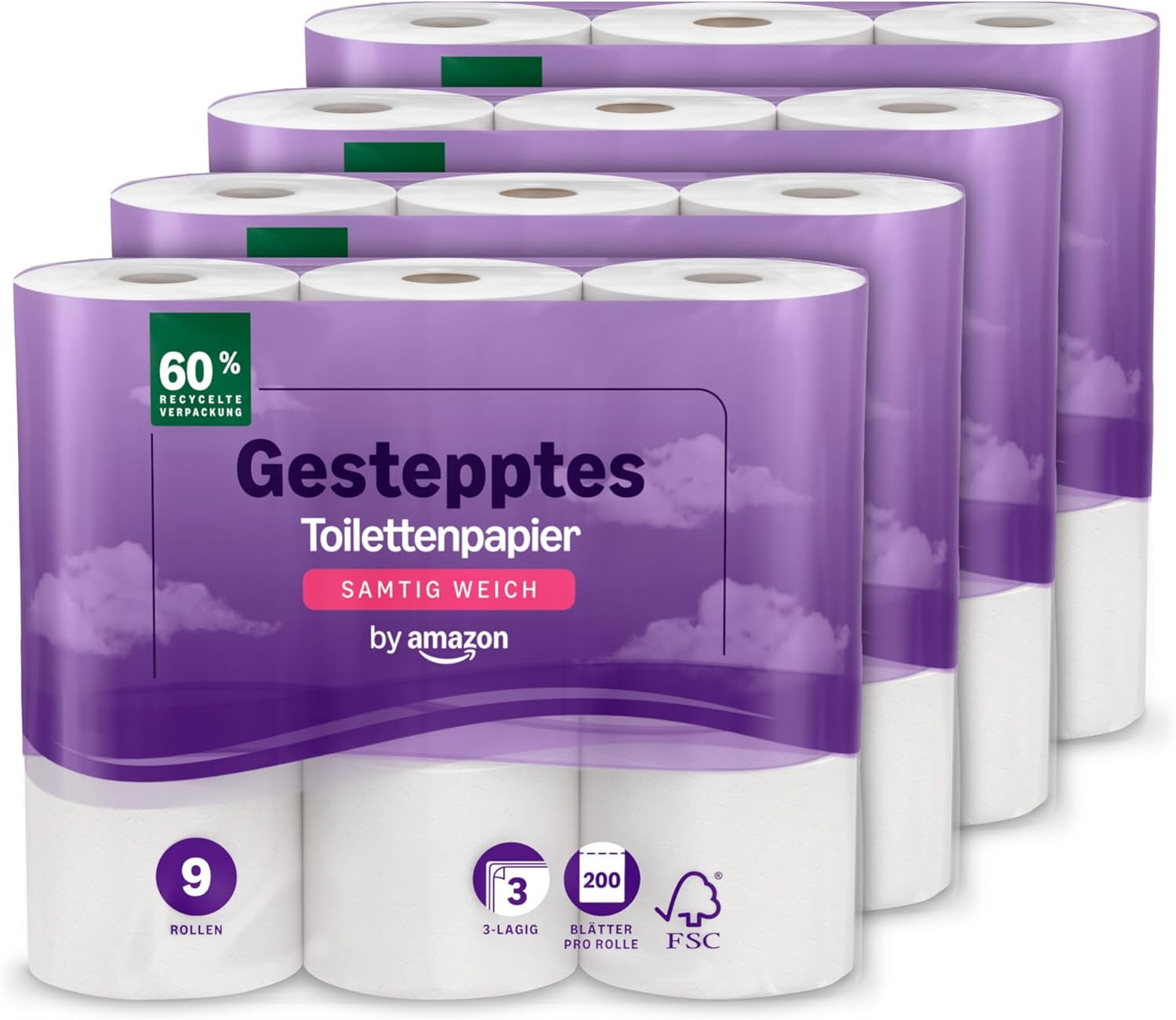 By Amazon Carta igienica, Trapuntata a 3 veli, Morbida e vellutata, 36 Rotoli (9 Rotoli, Confezione da 4), 200 Fogli per Rotolo, Certificato Fsc