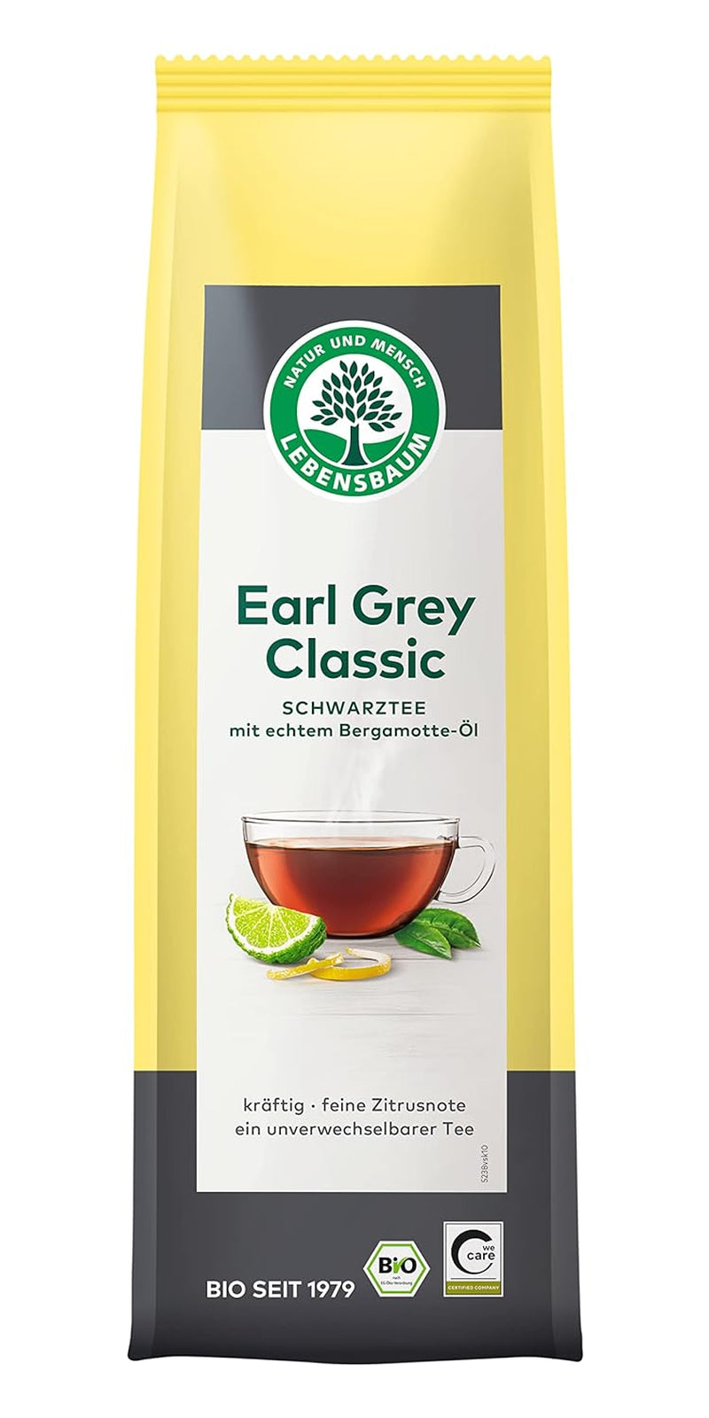 Tè nero classico Lebensbaum Earl Grey con olio naturale di bergamotto e limone, armonico, aromatico, 100% biologico, sfuso, 100g