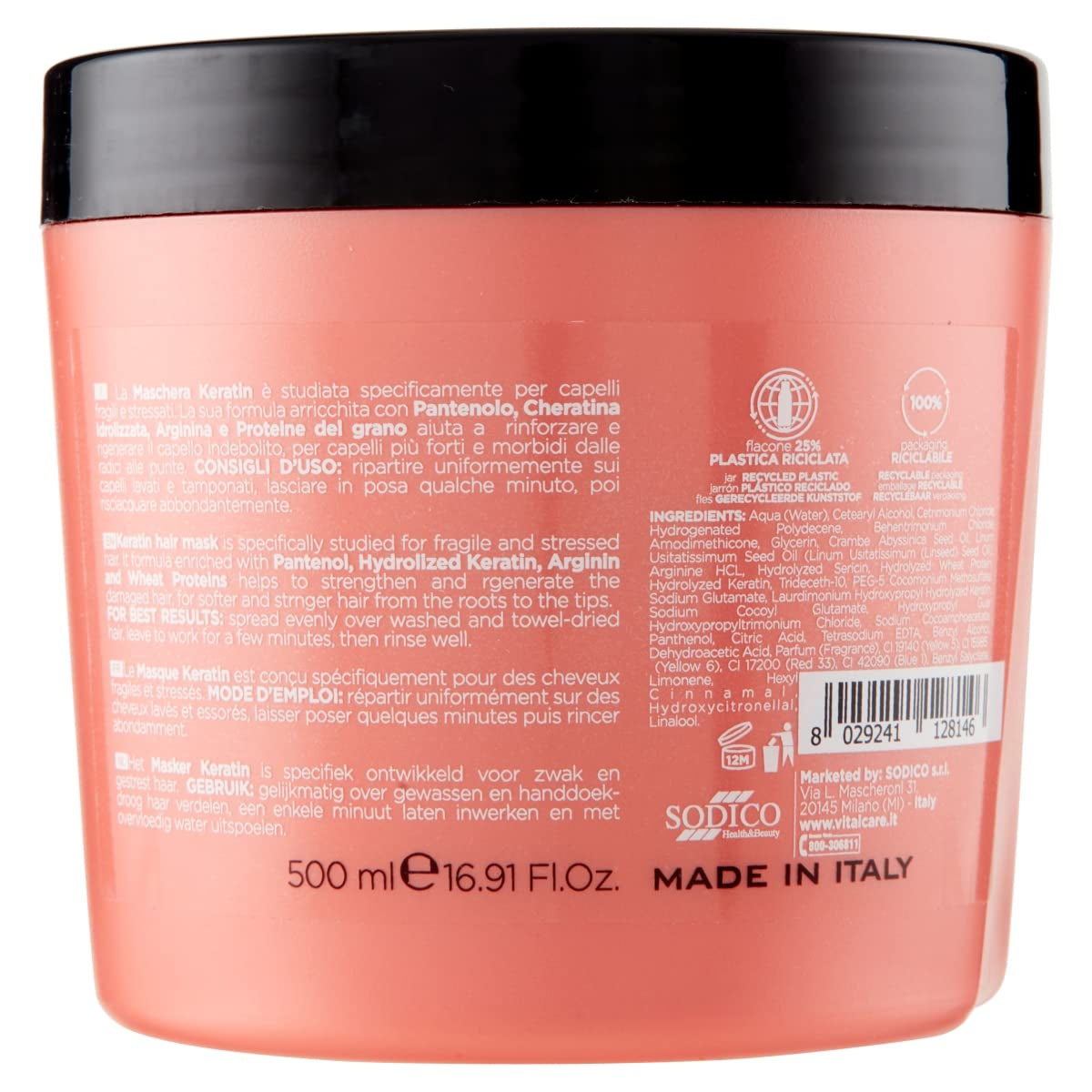 | Cheratina - Maschera rinforzante per capelli fragili e danneggiati con cheratina e arginina per capelli più forti e morbidi 4 x 500 ml Naty Shop Hair Mask