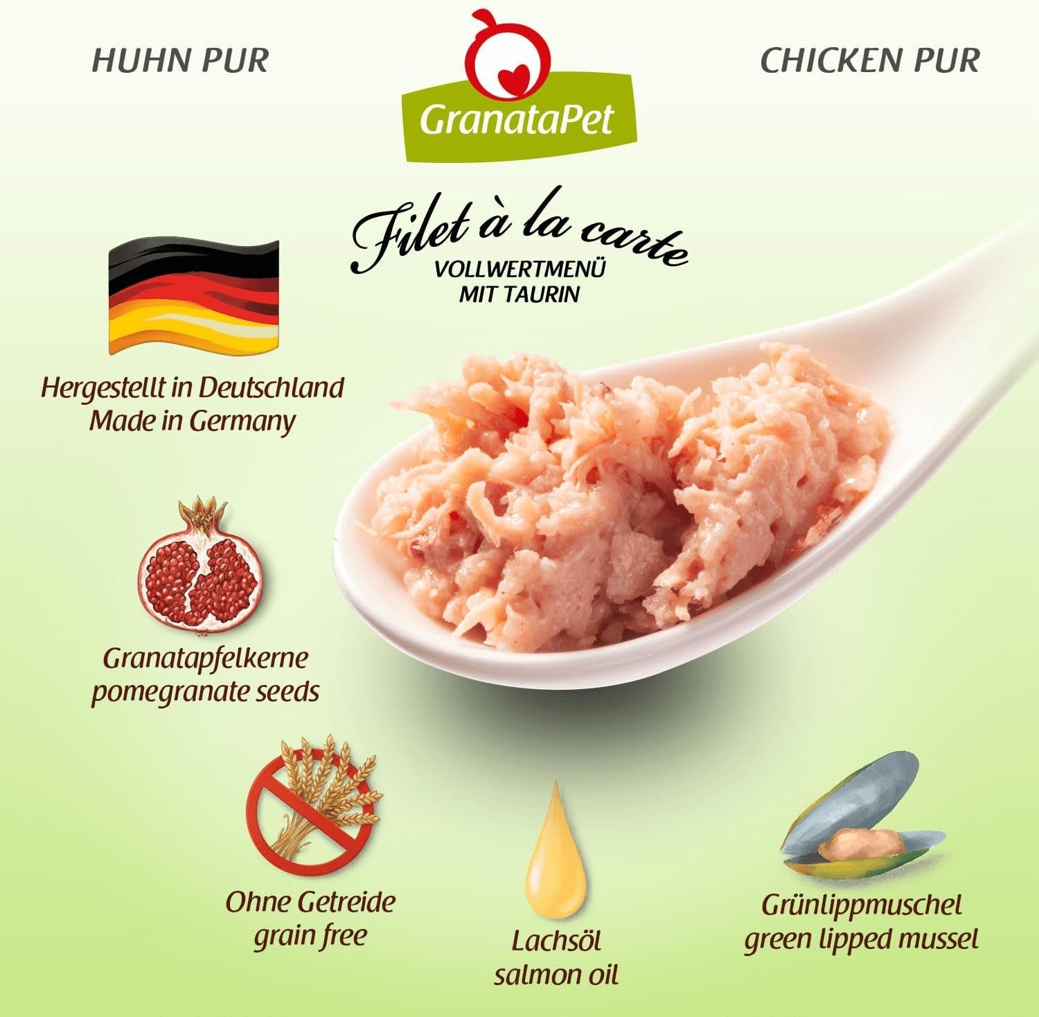 GranataPet Filet à la carte Pollo PURE, cibo umido per gatti, pezzi di filetto senza cereali, cibo per gatti senza zuccheri aggiunti, alto contenuto di carne, 6 x 85 g