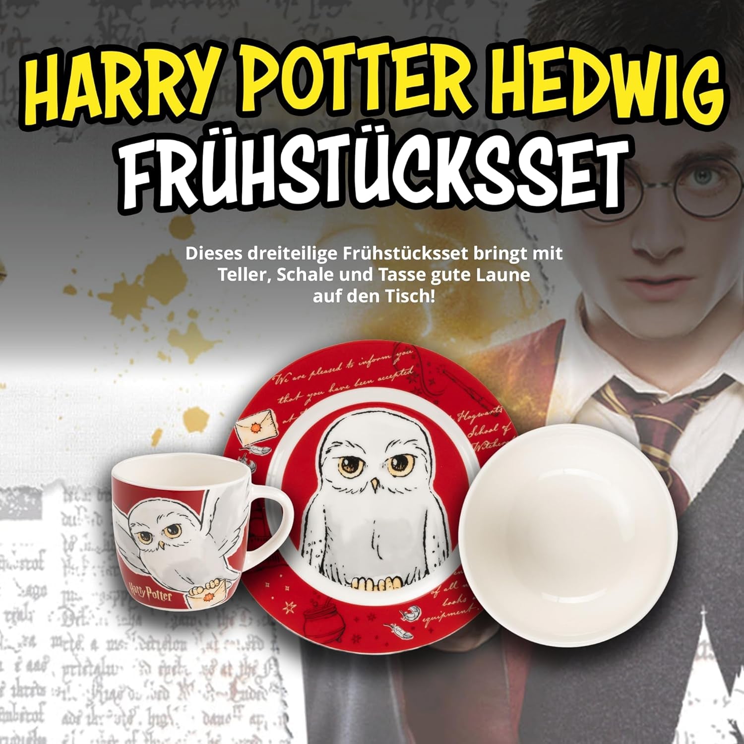 Set stoviglie Harry Potter 3 pezzi, rosso, set colazione in porcellana con piatto Ø 19 cm, tazza 220 ml e ciotola 330 ml, set stoviglie