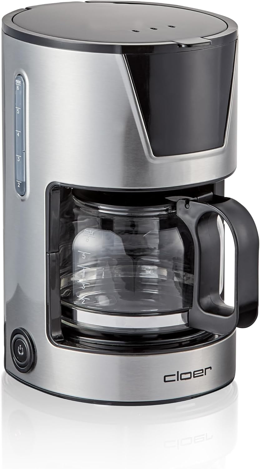 Macchina per caffè espresso con filtro Cloer da 6 tazze, funzione di mantenimento in caldo delicato, caraffa in vetro, misurino, indicatore del livello dell'acqua, sistema antigoccia, spegnimento automatico, dimensione filtro 1x2, 550 W, acciaio inossidabile