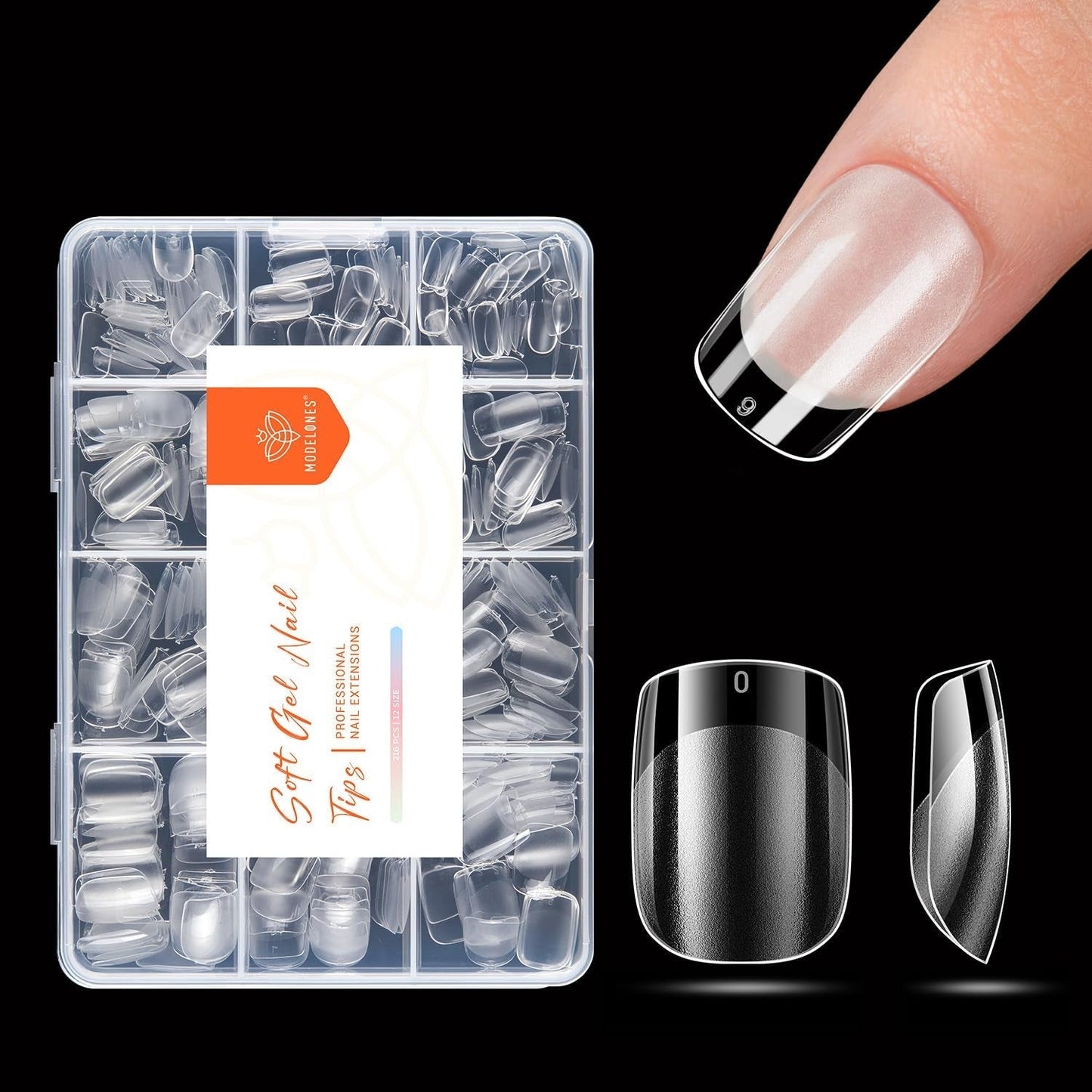 Modelones Nail Tips 216 pezzi - Set di punte per unghie a copertura totale, Set di punte in gel morbido, Punte per unghie in resina PMMA pre-lucidatura, Colla fai-da-te su unghie artificiali, Mandorle corte XS