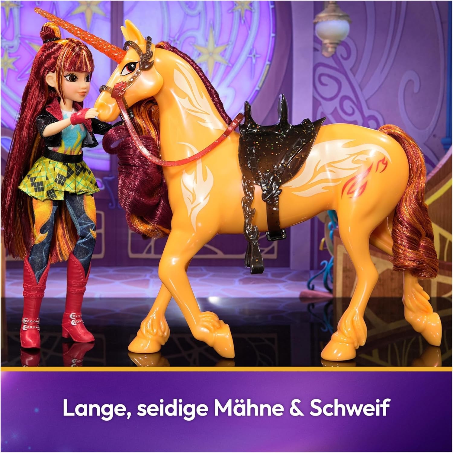 Unicorn Academy Cinder l'Unicorno - Unicorno originale Valentina della serie Netflix alto 28 cm, con vera criniera e coda, briglie, sella e spazzola rimovibili, per bambini dai 4 anni in su