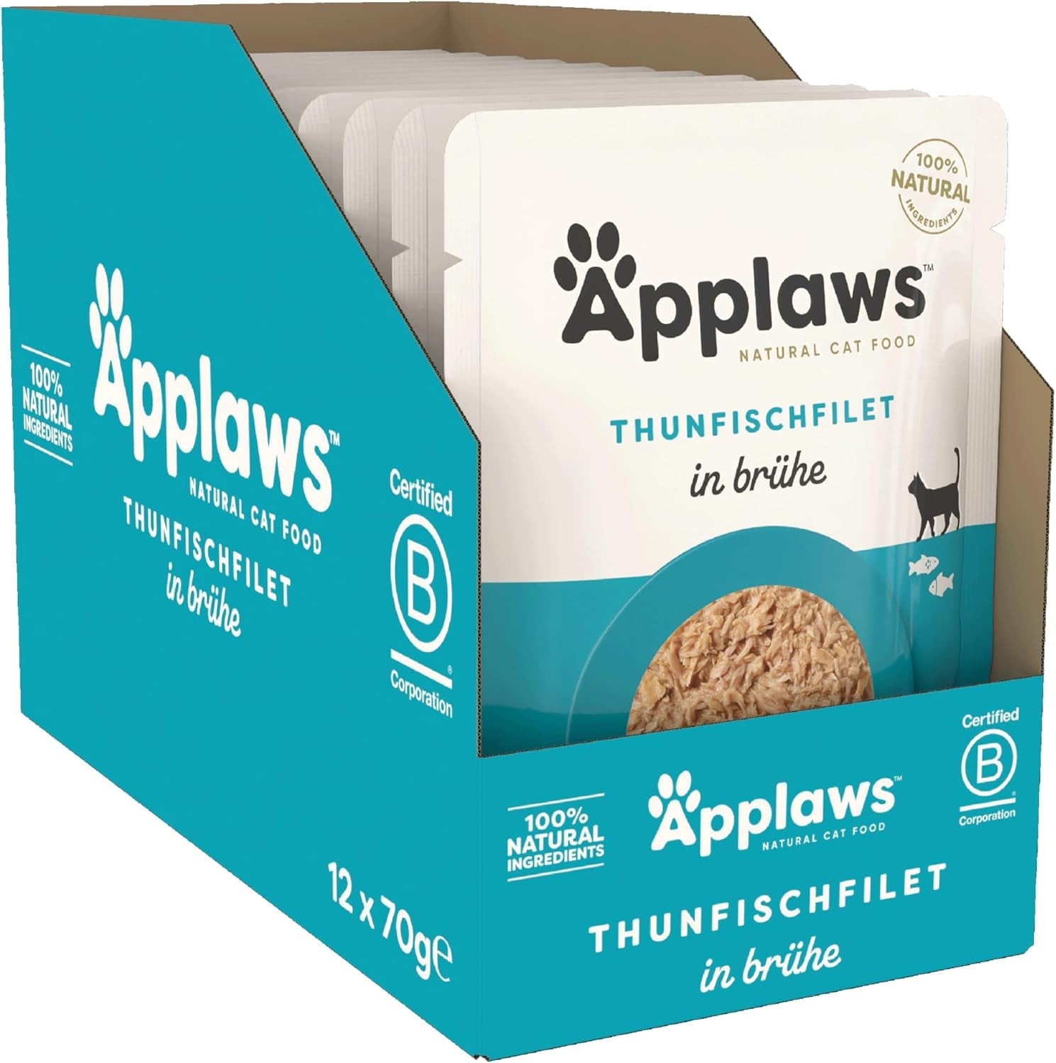 Applaws Cibo Umido per Gatti 100% Naturale Filetti di Tonno in Brodo - Confezione da 12 Bustine da 70g