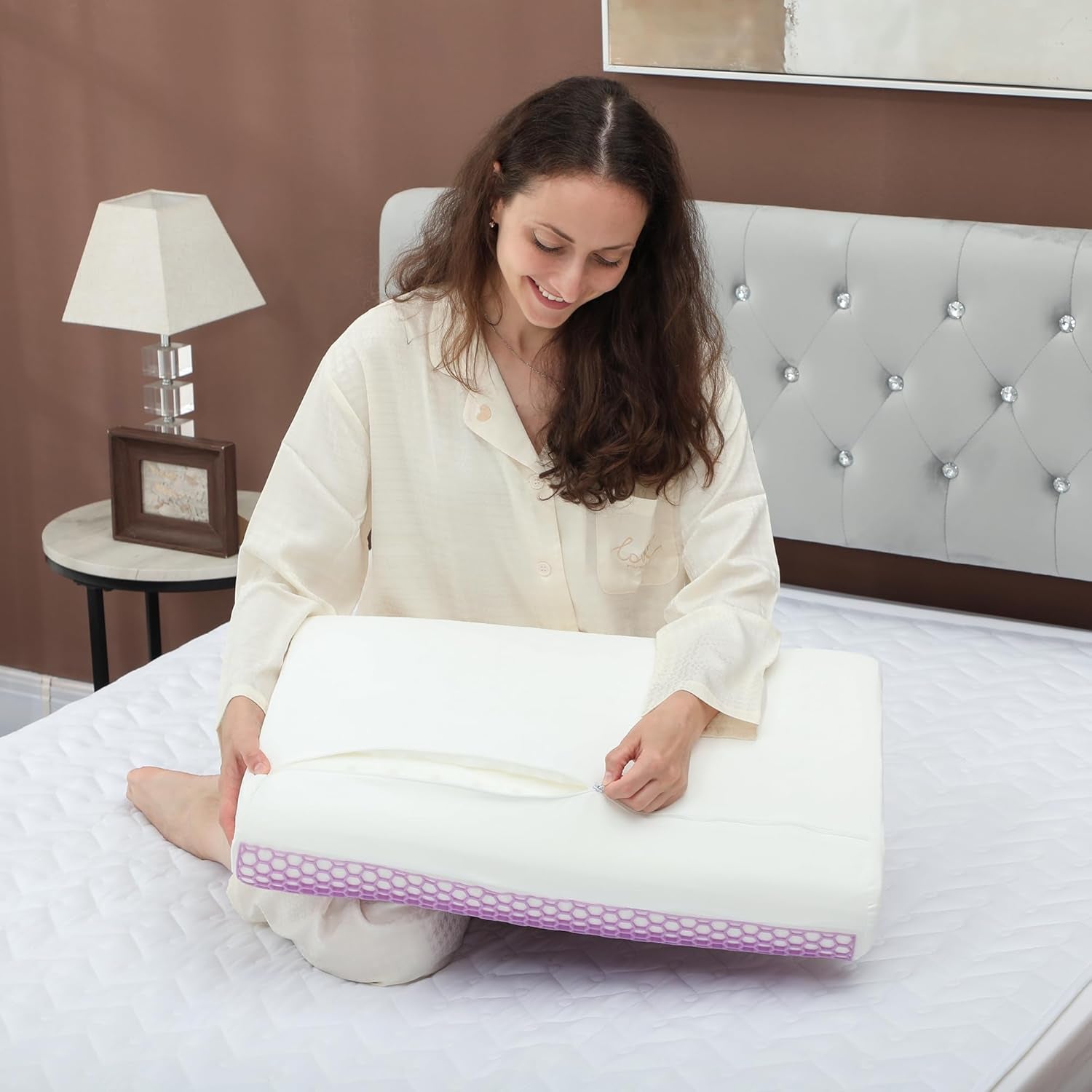 HOMCOM Cuscino per Collo in Memory Foam Cuscino per Collo con Fodera Rimovibile Cuscino per Collo ergonomico 2S Responsivo a 2 Altezze per Diverse Posizioni del Sonno 60x40 cm Bianco Crema