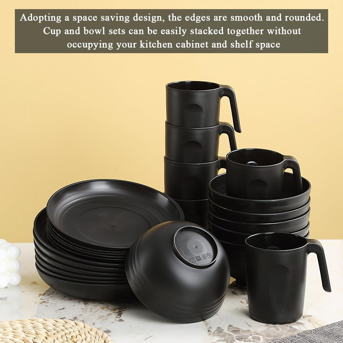 Berglander Set di stoviglie in plastica nera da 24 pezzi per 6 piatti e ciotole riutilizzabili, inclusi piatti piani, piatti da dessert, ciotole per cereali e tazze per casa, giardino e picnic