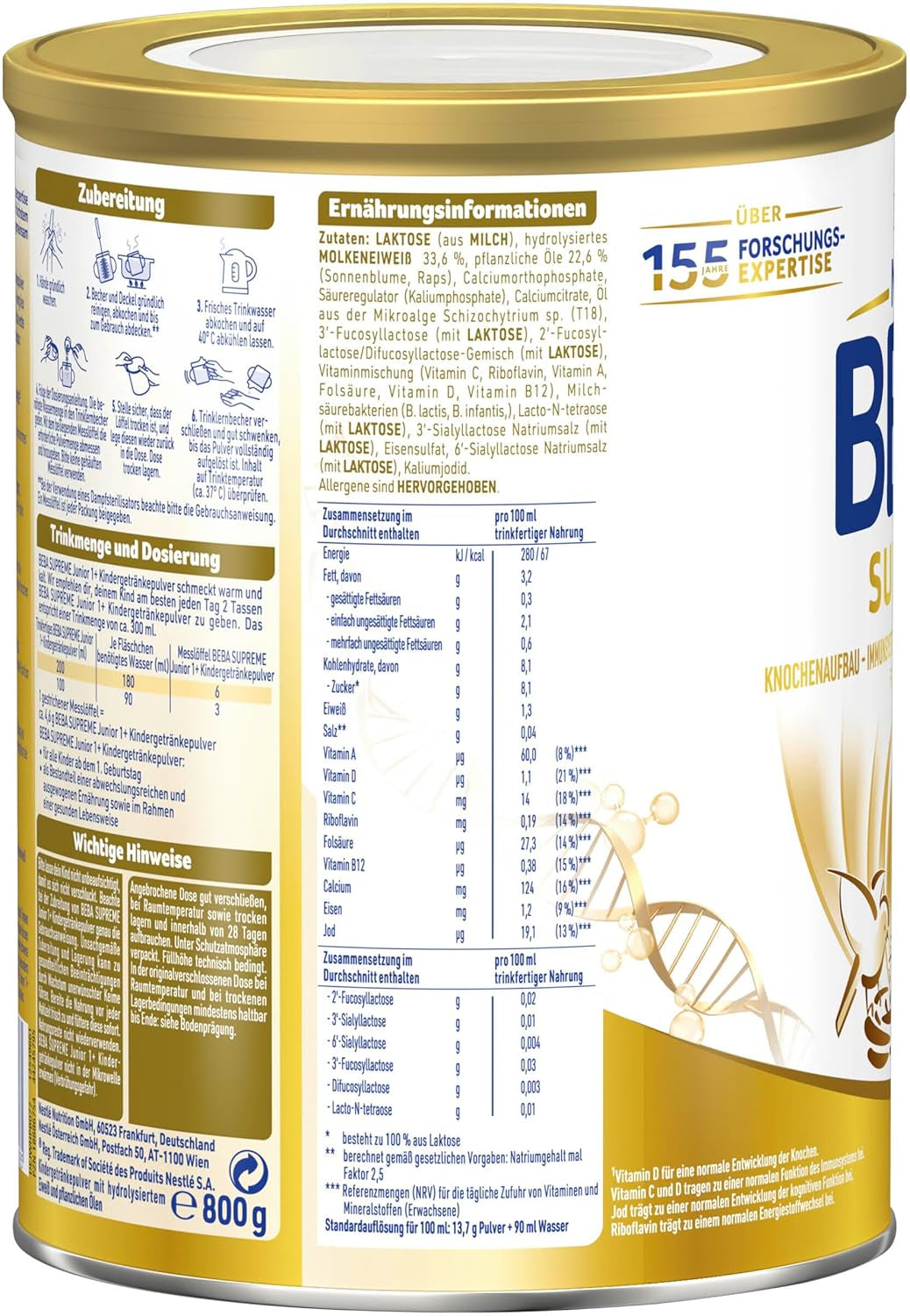 BEBA SUPREME JUNIOR 1 Plus - Bevanda per bambini da 1 anno, con complesso 6 HMO, senza lattosio, senza olio di palma, senza olio di pesce, alimenti per bambini piccoli, latte in polvere per neonati, confezione da 6 (6 x 800 g)