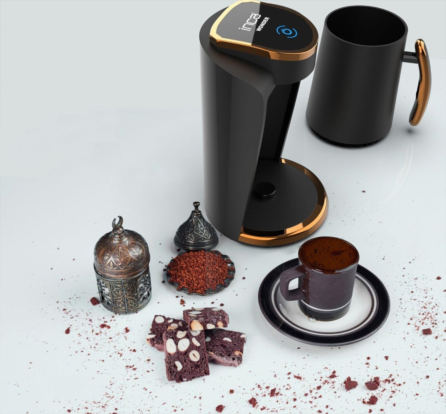 Caffetteria turca Inca | Macchine Türk Kahve | 250 ml (1-4 tazze) | 400 W | IKM-01 | Protezione contro le fuoriuscite e l'ebollizione senza acqua | Piastra riscaldante in acciaio inossidabile | Spegnimento automatico | Per un caffè turco perfetto