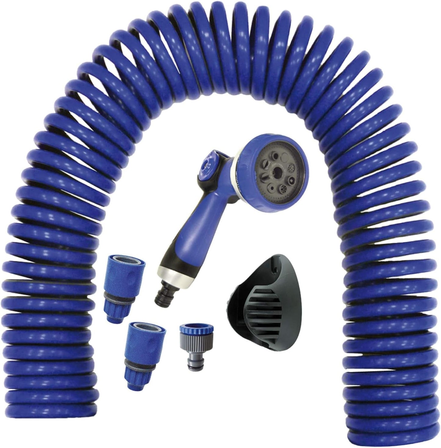 590078 – Set tubo a spirale blu 15 metri (diametro 9 mm) + pistola multifunzione con 8 ugelli + filettatura interna automatica con adattatore ¾-½ + 2 connettori rapidi + staffa di sospensione