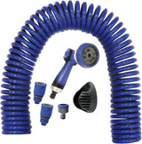 590078 – Set tubo a spirale blu 15 metri (diametro 9 mm) + pistola multifunzione con 8 ugelli + filettatura interna automatica con adattatore ¾-½ + 2 connettori rapidi + staffa di sospensione