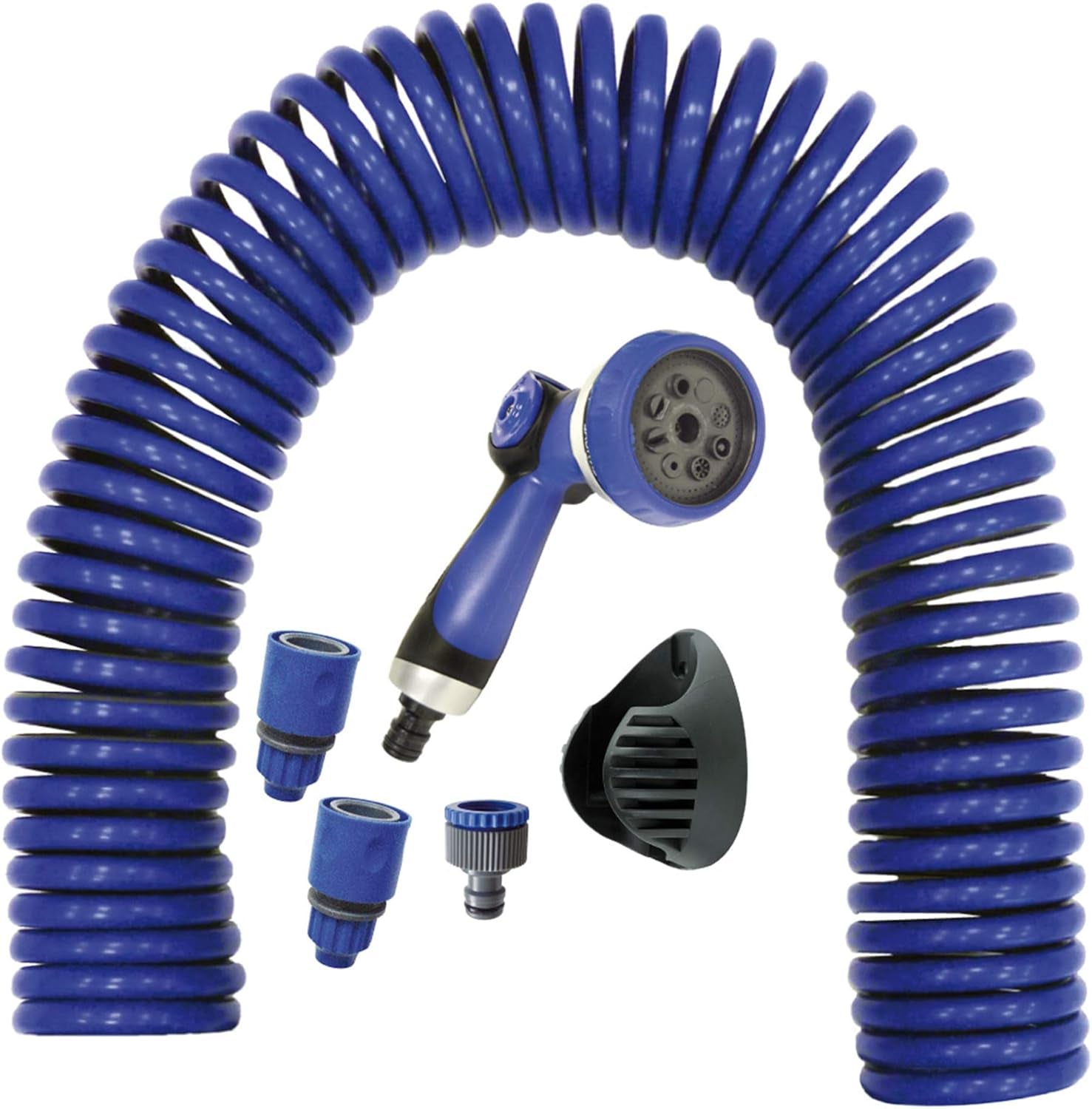 590078 – Set tubo a spirale blu 15 metri (diametro 9 mm) + pistola multifunzione con 8 ugelli + filettatura interna automatica con adattatore ¾-½ + 2 connettori rapidi + staffa di sospensione