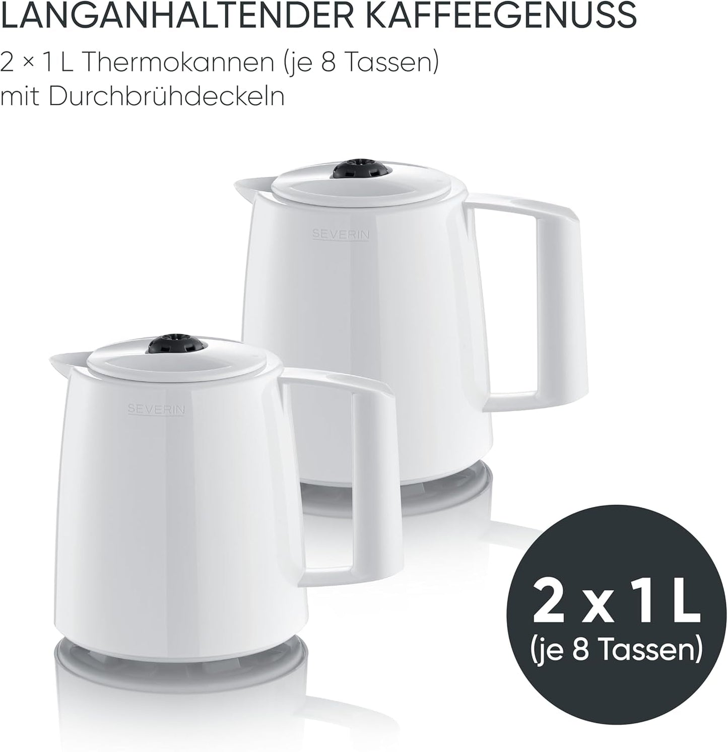 Macchina per caffè espresso Severin con filtro e 2 caraffe termiche, macchina per caffè espresso con coperchio, versamento senza gocciolamento, mantenimento della temperatura a lungo, spegnimento automatico, 1000 W, ca. 1 litro, bianco, KA 9309