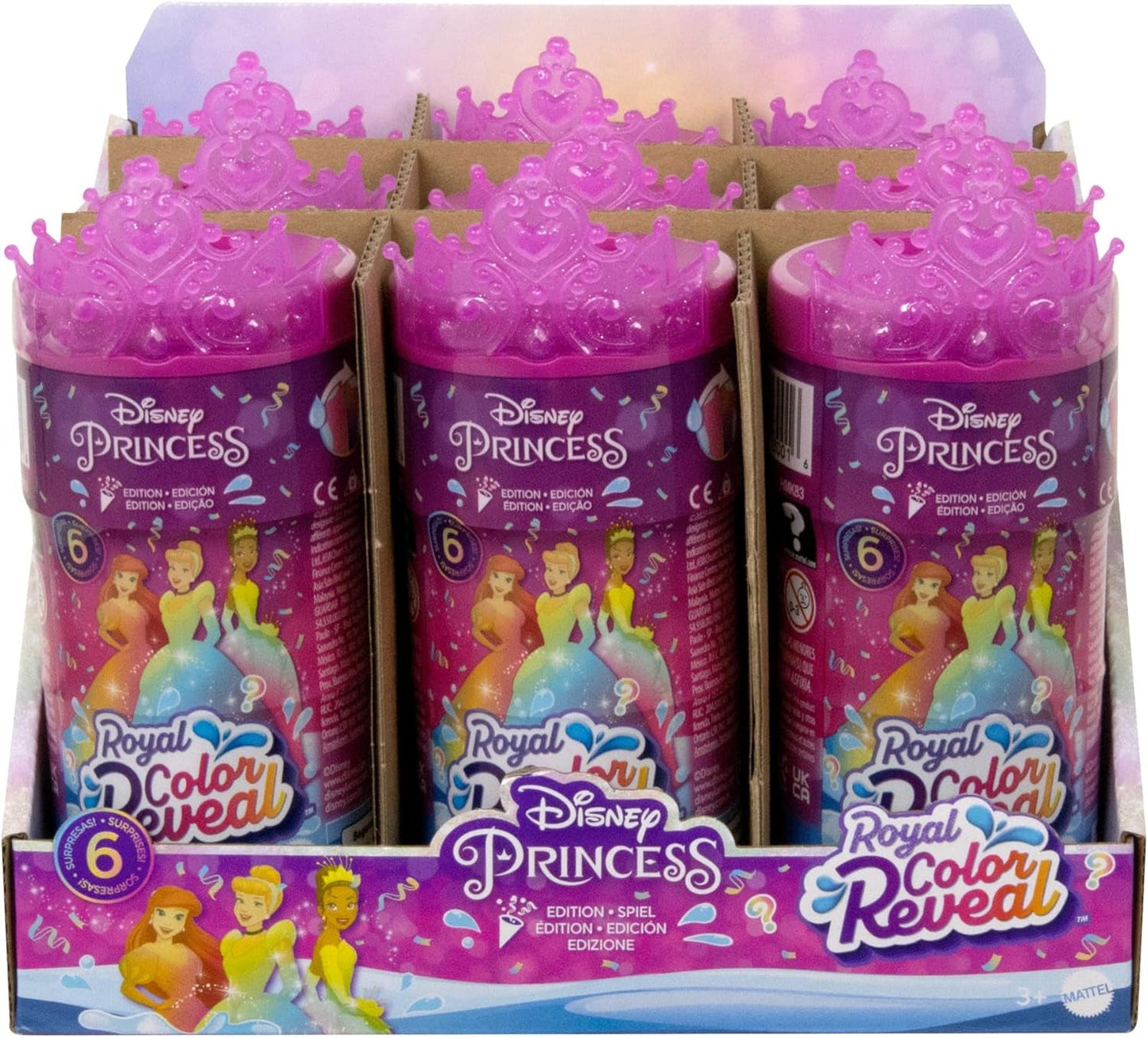 Disney Princess Color Reveal - 6 bambole a sorpresa attivate dall'acqua, accessori, per bambini dai 3 anni in su, Ariel, Tiana, Mulan, Cenerentola, Belle, Aurora, HPX39