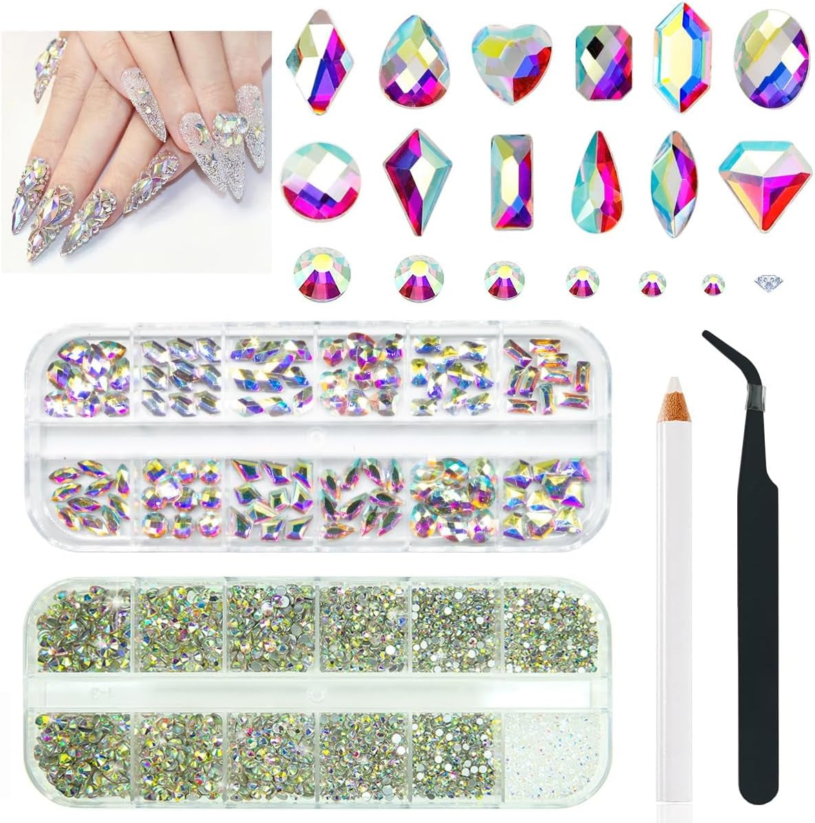 2630 pietre scintillanti di cristallo AB per unghie, 120 12 tipi di pietre scintillanti grandi + 2510 pietre di vetro rotonde K9 di 6 dimensioni per unghie, strass, disegni per unghie, ciondoli per unghie per Face Art