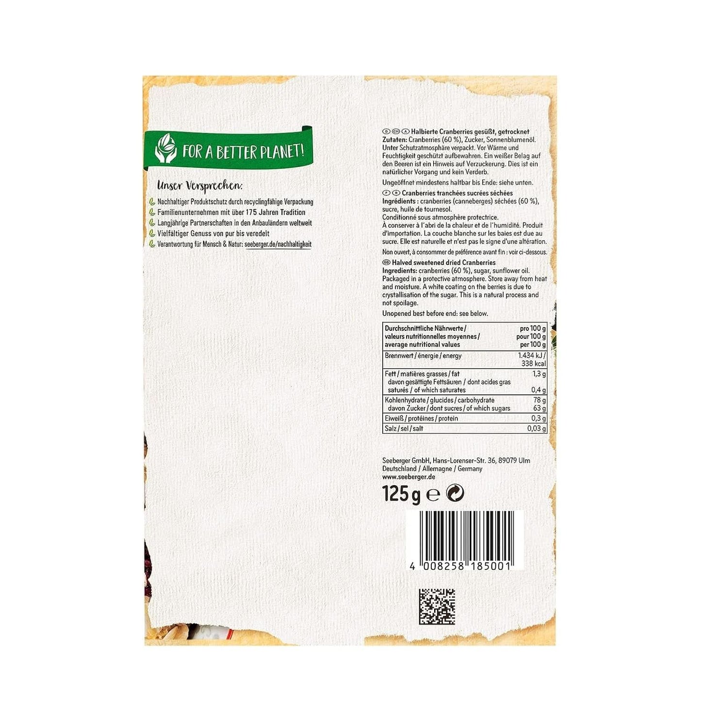Mirtilli rossi Seeberger, mirtilli rossi canadesi tagliati a metà, fruttati e dolci, 13 x 125 grammi Naty Shop Prodotti disidratati
