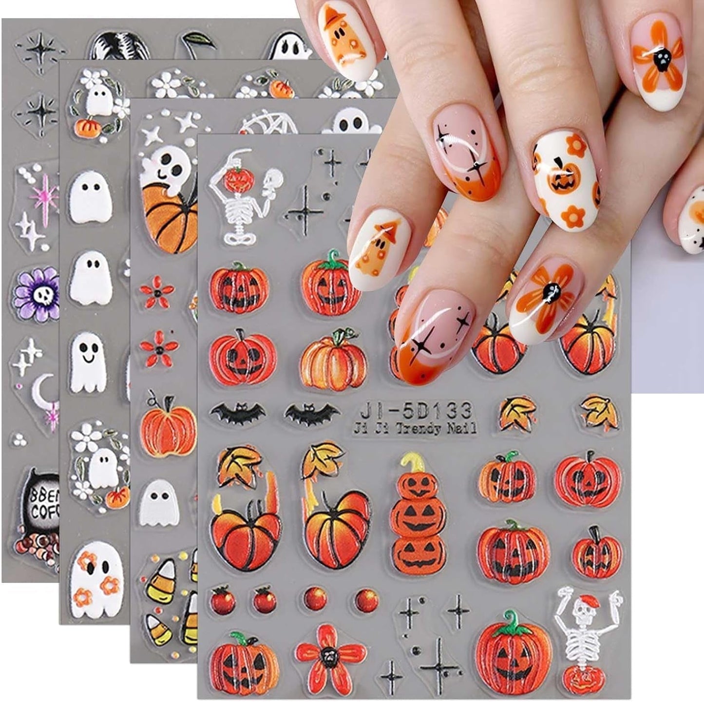JMEOWIO 3D Nagelsticker Halloween Nail Art Sticker Self-klebend Nagelaufkleber 5D Stereoscopico Süßer Geisterkürbis Dekoration Nageldesign Zubehör 4 Blatt