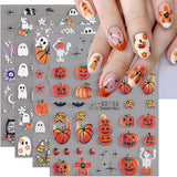 JMEOWIO 3D Nagelsticker Halloween Nail Art Sticker Self-klebend Nagelaufkleber 5D Stereoscopico Süßer Geisterkürbis Dekoration Nageldesign Zubehör 4 Blatt