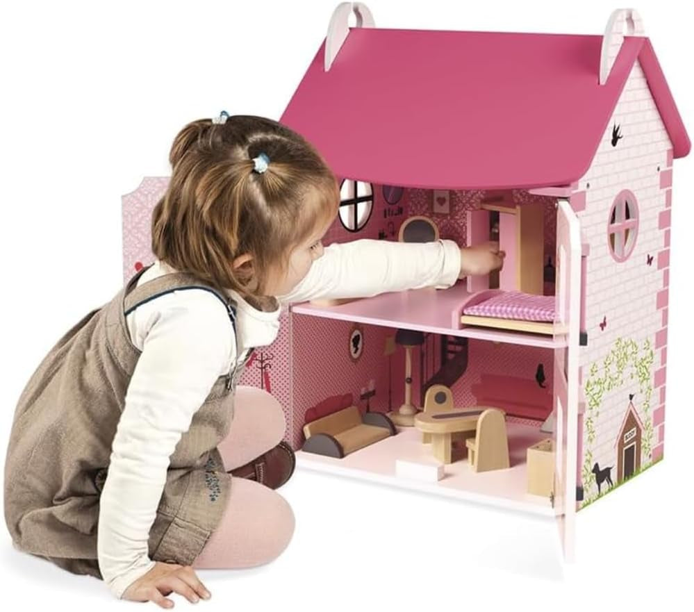 Janod Mademoiselle Casa delle bambole in legno a 3 piani con 11 accessori, giocattolo replica, sviluppa l'immaginazione, dai 3 anni in su, J06581