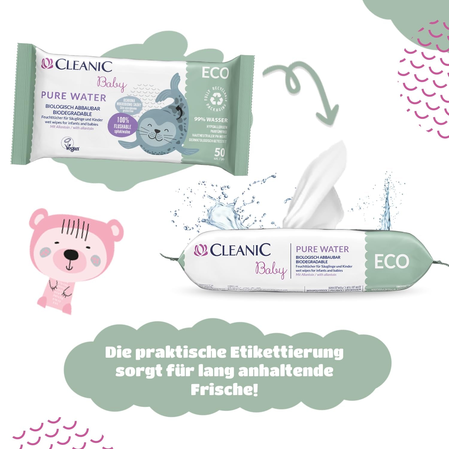 Salviettine umidificate Cleanic Baby Eco Pure Water – (1 x 50 pz.) Salviette umidificate per bambini e neonati – senza profumo, lavabili, pelle sensibile – 50 pz.