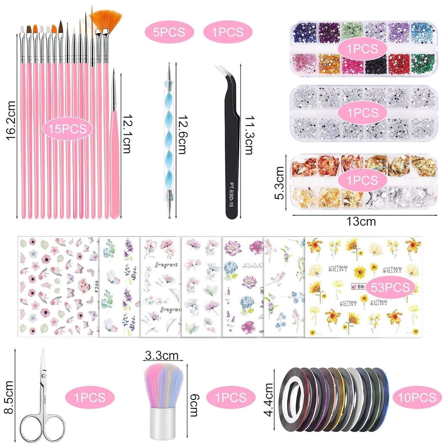 53 Blätter Nagelsticker, Set di pinsel e decorazioni per nail art, 15 pinsel, 5 penne a pois, Strasssteine, Blattgold Für Nagelkunst, Nagel Pailletten, Nagelkunstwerkzeuge e Dekorationssets
