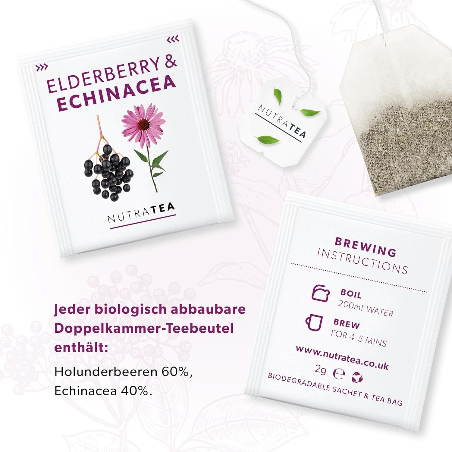 Nutra Tea Sambuco ed Echinacea, Tè per l'immunità e il raffreddore, Tè per il supporto immunitario, Lotta al freddo, 20 bustine di tè riutilizzabili, Tisana naturale