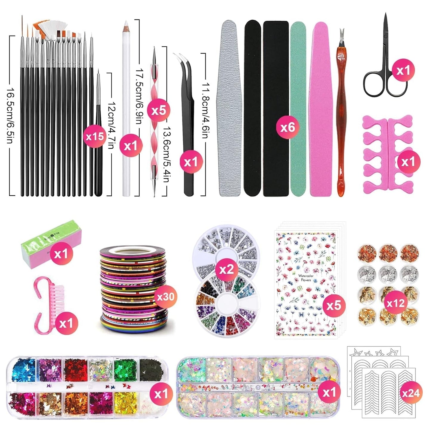 Set di spilli e decorazioni per nail art, Set di accessori per decorazione nail art, 15 pezzi di pinsel, 5 adesivi in ​​rilievo, 5 penne a punti, strasssteine ​​​​Nägel, ultra-colori paillette di gel per unghie artistiche