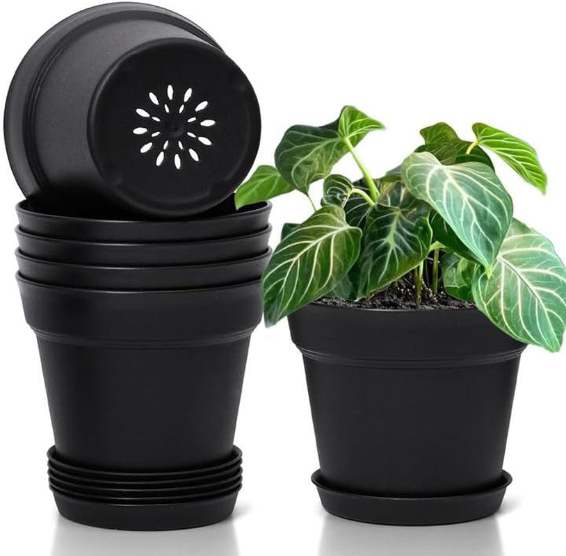 T4U Vaso da Fiori in Plastica con Sottovaso da 16 cm, Set di 6 Vasi per Erbe in Plastica con Fori di Drenaggio Multipli, Vaso Rotondo per Piante Succulente da Interno e da Balcone, Cactus, Bianco