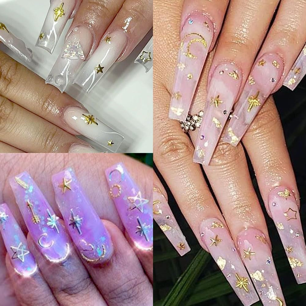 120 pezzi Ciondoli per unghie Stella Oro-Argento Stella Y2K Chiodi Ciondoli per stella in metallo Dimensioni miste Viti per unghie Design per unghie stella Nail art Ciondoli a stella 3D Decorazione per unghie Ciondoli per unghie Accessori per unghie