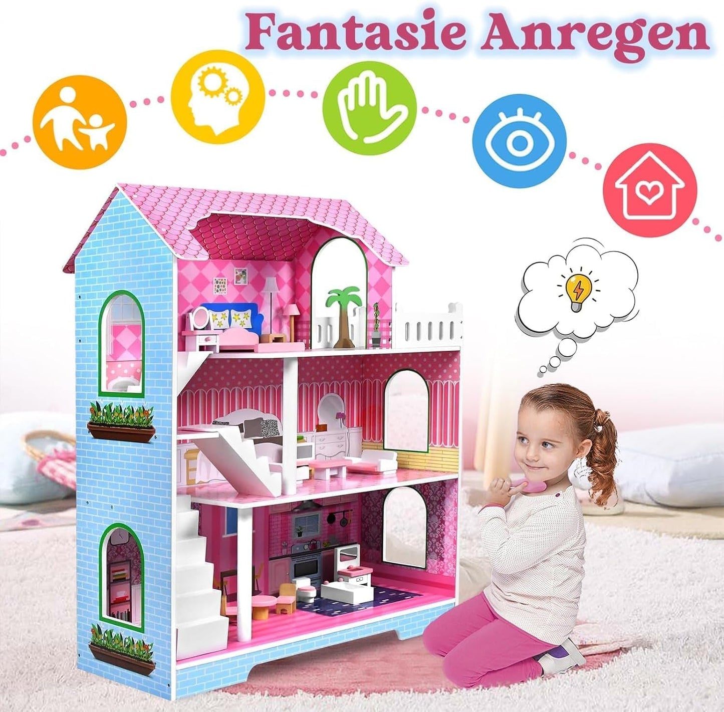 HENGMEI Puppenhaus Kinder Holz Puppenvilla Dollhouse Set Mädchen Spielset 3 Etagen Haus mit Möbeln und Zubehör, 70x30x100cm Puppenhäuser für Kinder (Tipo B)