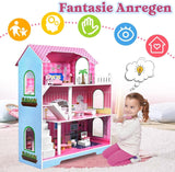 HENGMEI Puppenhaus Kinder Holz Puppenvilla Dollhouse Set Mädchen Spielset 3 Etagen Haus mit Möbeln und Zubehör, 70x30x100cm Puppenhäuser für Kinder (Tipo B)