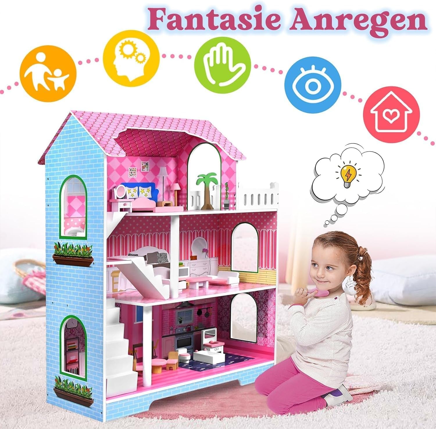 HENGMEI Puppenhaus Kinder Holz Puppenvilla Dollhouse Set Mädchen Spielset 3 Etagen Haus mit Möbeln und Zubehör, 70x30x100cm Puppenhäuser für Kinder (Tipo B)