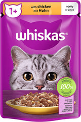 Whiskas 1+ cibo umido per gatti con pollo in gelatina, 28x85g (1 confezione) - Cibo umido di alta qualità per gatti adulti in bustine da 28 porzioni