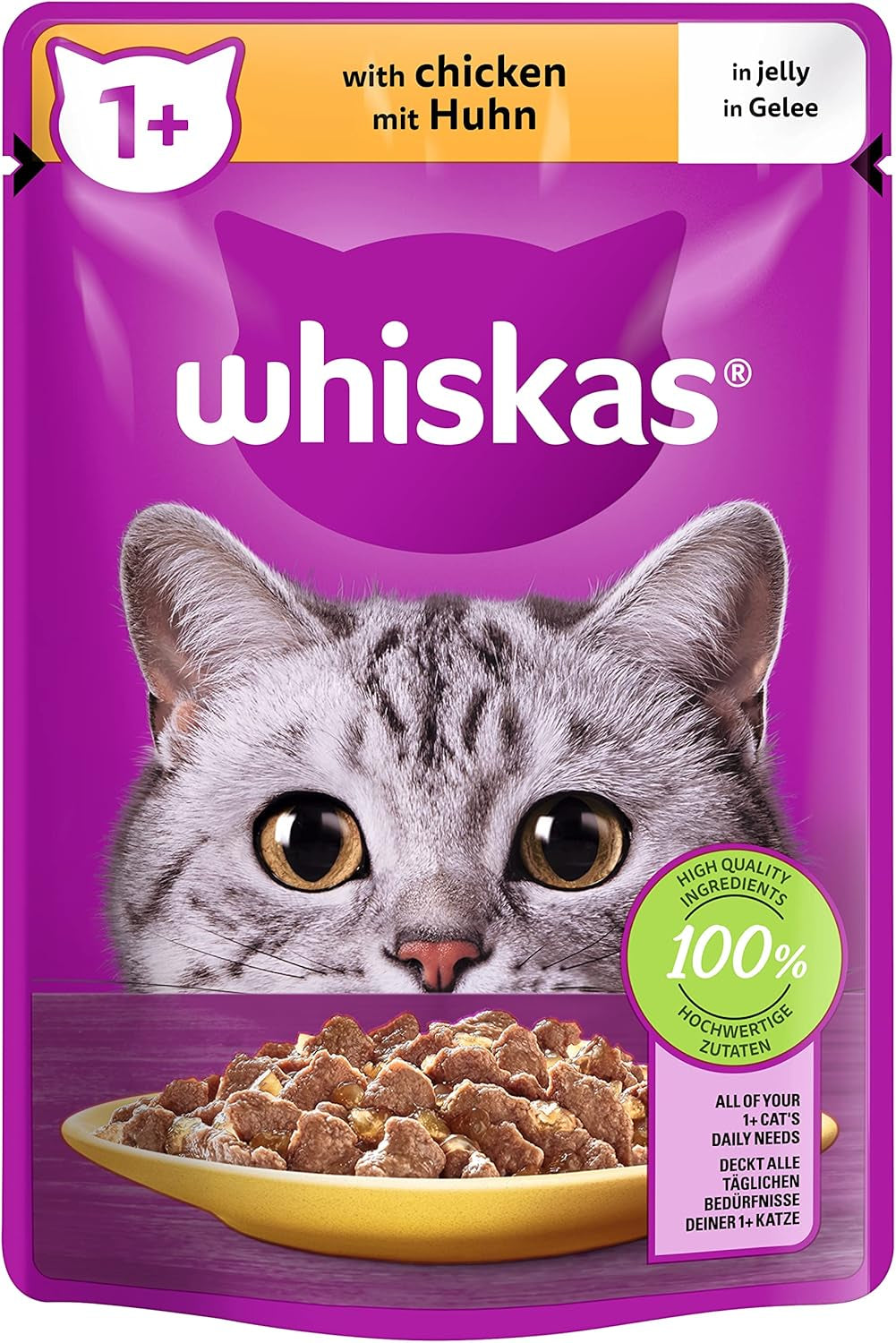 Whiskas 1+ cibo umido per gatti con pollo in gelatina, 28x85g (1 confezione) - Cibo umido di alta qualità per gatti adulti in bustine da 28 porzioni
