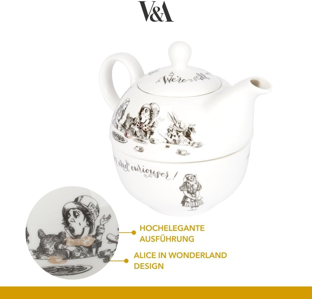 Set teiera e tazza Alice nel Paese delle Meraviglie per 1 persona in confezione regalo, servizio da tè in fine porcellana, bianco, 250ml