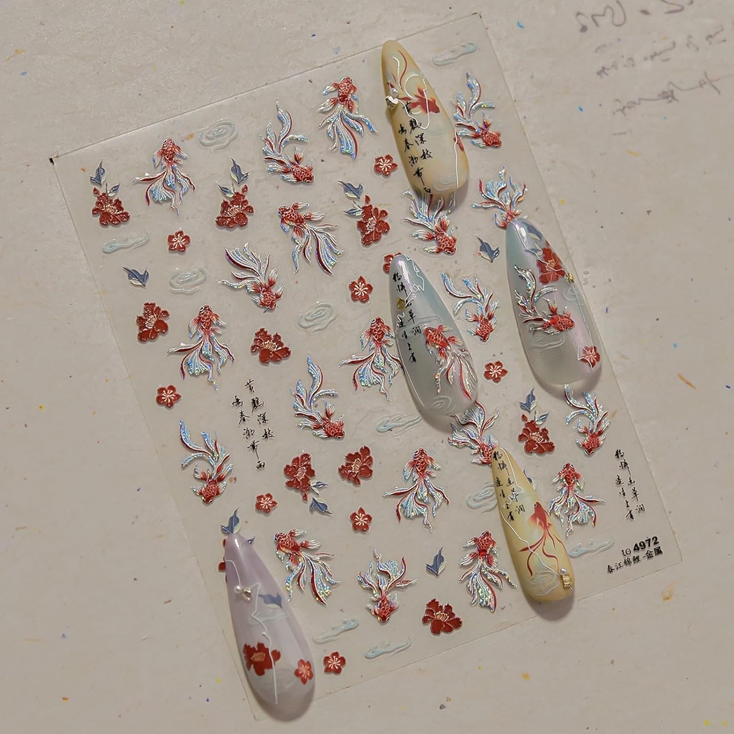 JMEOWIO 3D Nagelsticker Koi Fisch Nail Art Sticker Self-klebend Nagelaufkleber 5D Stereoscopico Decorazione Nageldesign Zubehör 1 Blatt