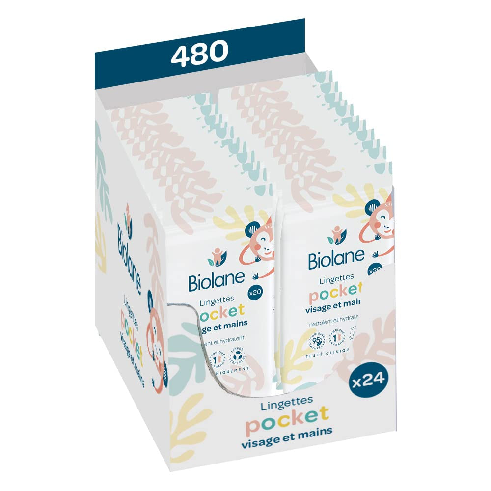 BIOLANE - Salviettine umidificate per viso e mani per bambini - Confezione da 6 - 384 salviette (6 x 64 cm) - Pulisce e protegge - Articoli da toeletta - Ipoallergenico - Per pelli sensibili - 97% ingredienti naturali - Prodotto