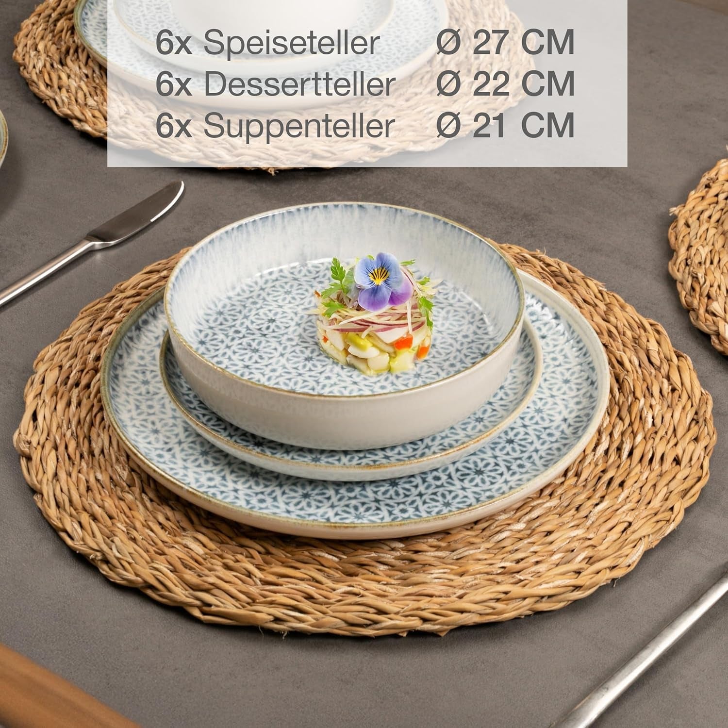 Moritz & Moritz ALHAMBRA Servizio Piatti per 6, 18 Pezzi, Porcellana di Alta Qualità - Stoviglie Moderne Blu - Set Di Facile Manutenzione Compreso 6 Piatti Piani, 6 Piatti Dessert e 6 Ciotole