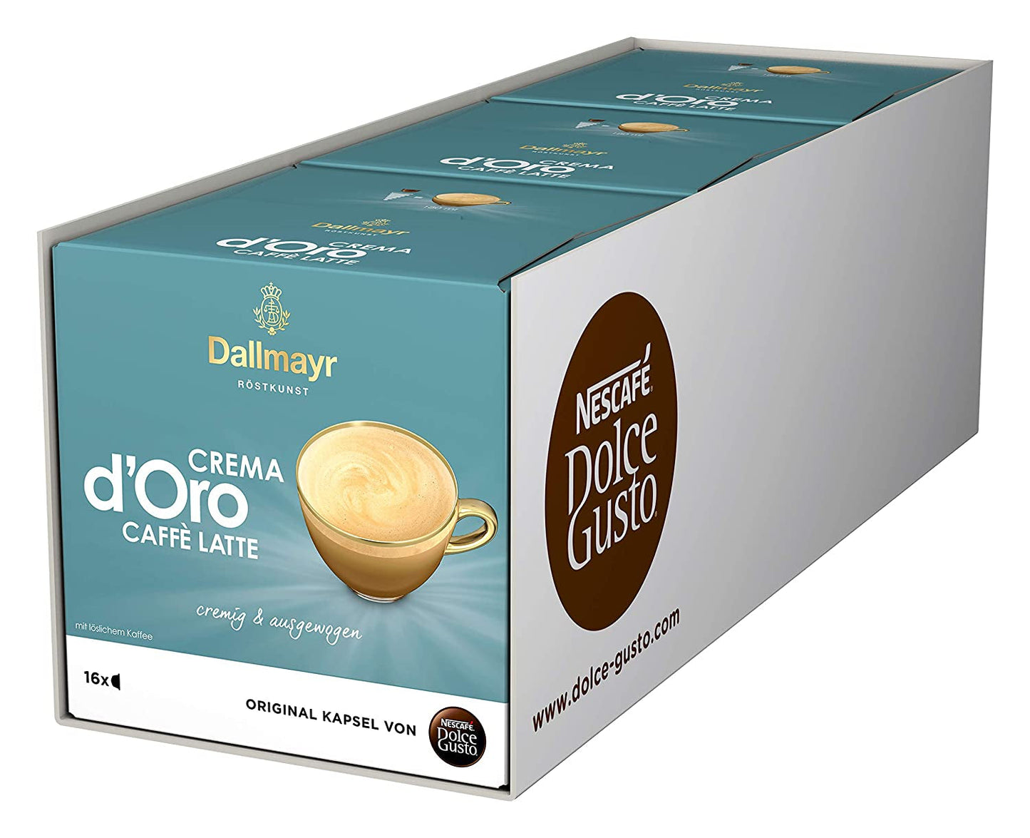 Dallmayr Crema d'Oro, XXL-Vorratsbox (3 x 30 Kapseln) & Dallmayr Crema d'Oro Caffè Latte (48 Kaffeekapseln, 48 Getränke, cremig & ausgefungen) Confezione da 3 (3 x 16 Kapseln)